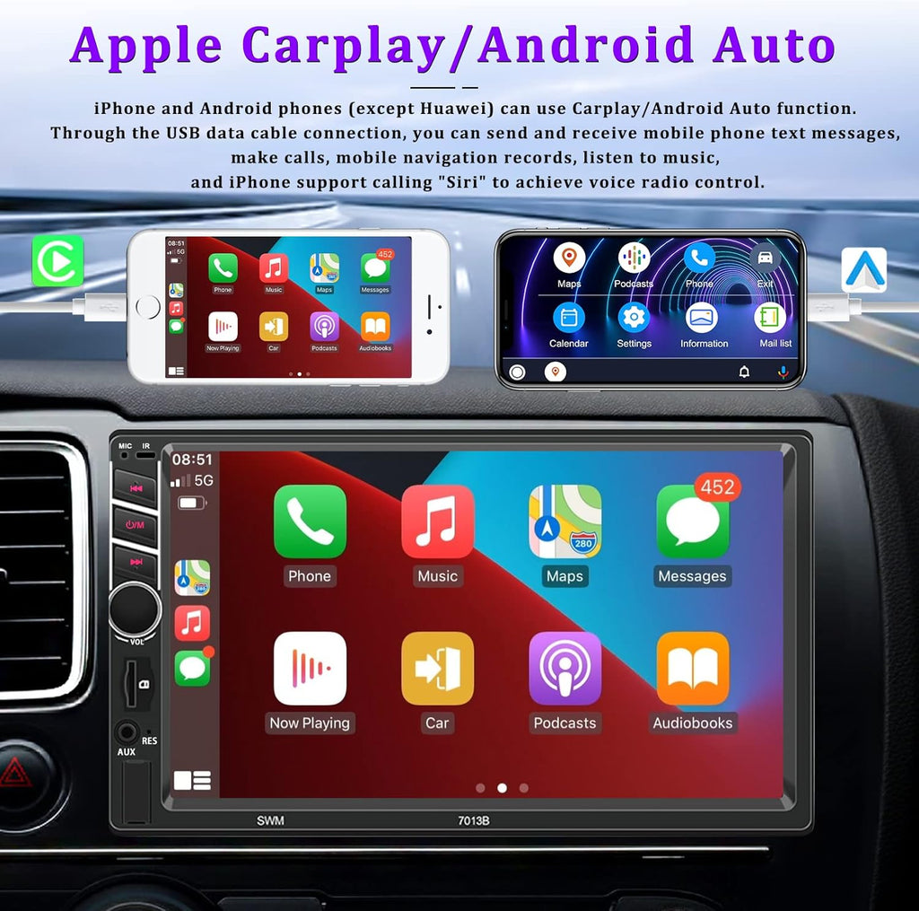 Double Din 7 inch Car Stereo with CarPlay Android Auto HD Touch Screen Multimedia Head Unit MP5 Player FM Receiver Bluetooth Mirror Link SWC AUX/USB/TF Card Backup Camera A536023