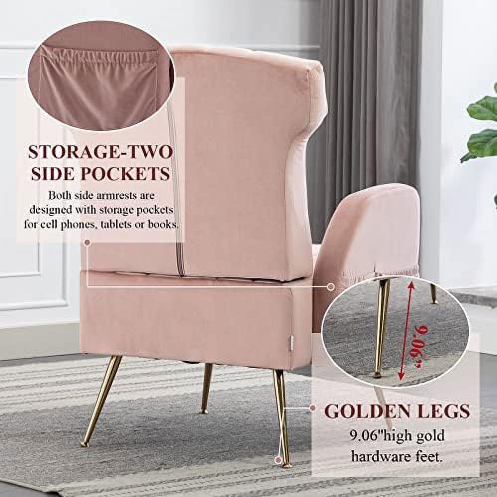 Brown Velvet Wing Back Accent Chair with Metal Gold Legs U193262