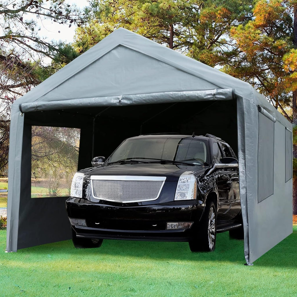 Enclosed Car Canopy 10x20*9.38ft with 4 Windows, 180g PE Cover, Detachable Walls & Doors U89766