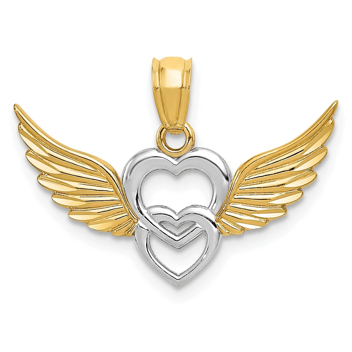 14K Two-Tone Gold Rhodium Plating Heart With Wings Pendant on 16 Inch 14K Gold Rope Chain Necklace A28751