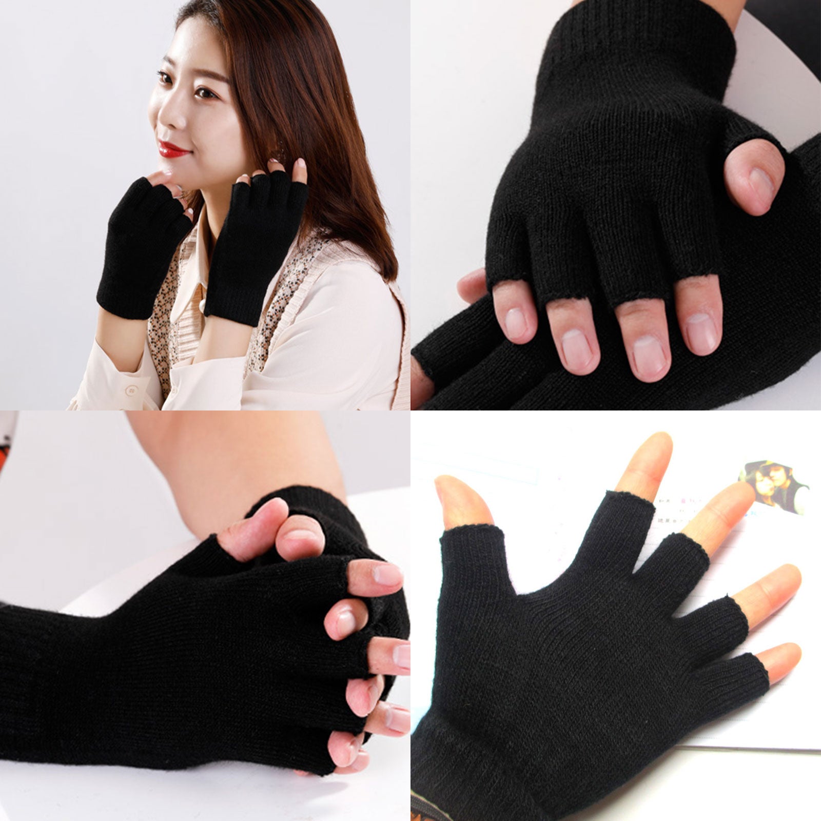 12 Pairs Black Knit Touchscreen Fingerless Gloves V6614