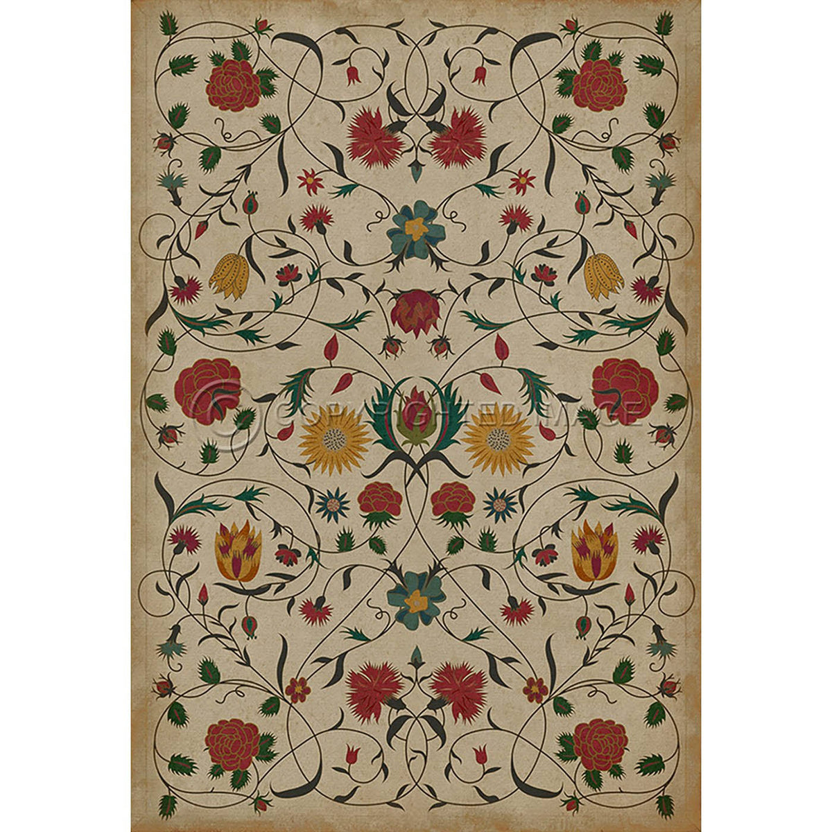 Vintage Vinyl Floral Distressed Black/Cream/Green V69335
