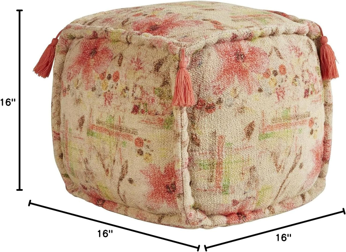 Floral Print Fabric Foot Stool Ottoman Pouf, 16" x 16" U6812