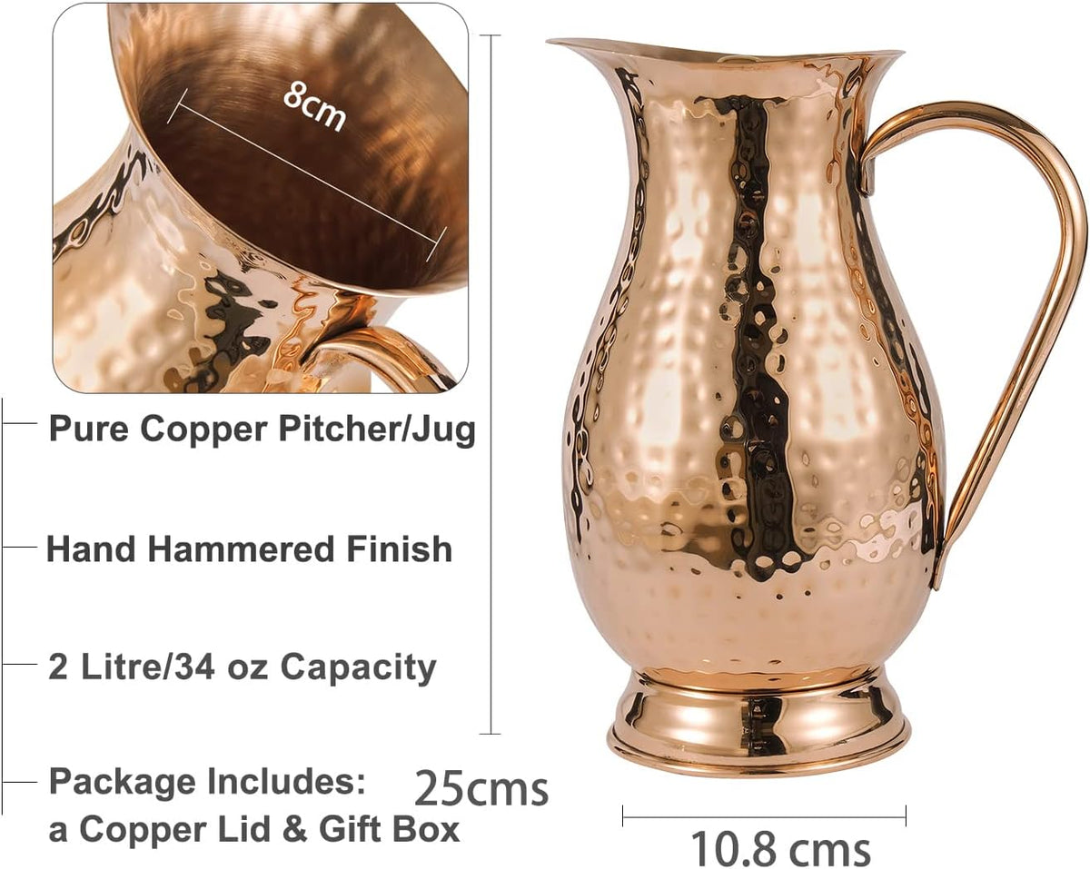 Copper Pitcher with Lid, Hammered Jug, 70 Oz, Pack of 2 M260