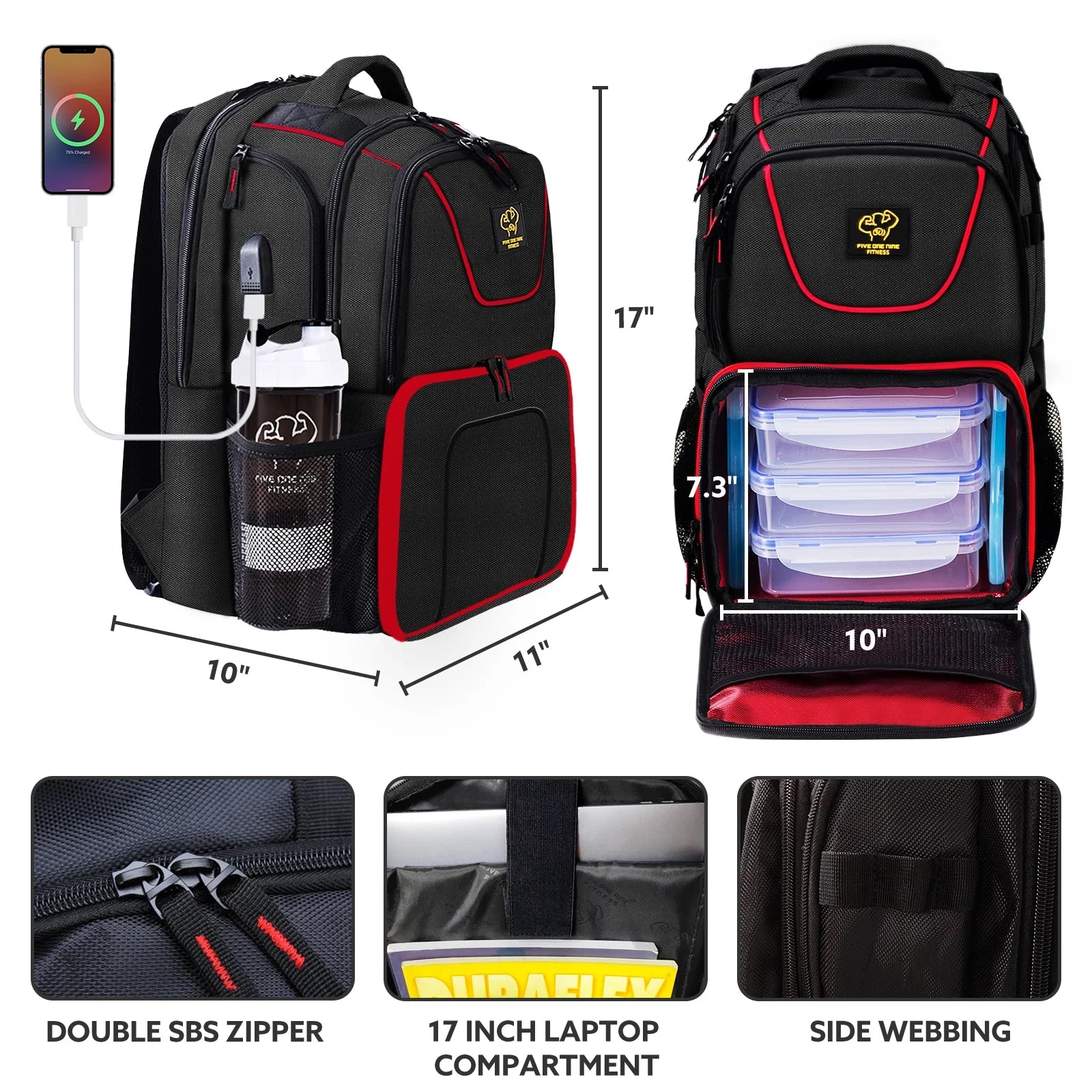 Insulated Meal Prep Backpack with 3 Meal Containers, 2 Ice Packs and Protein Shaker, Black B84063