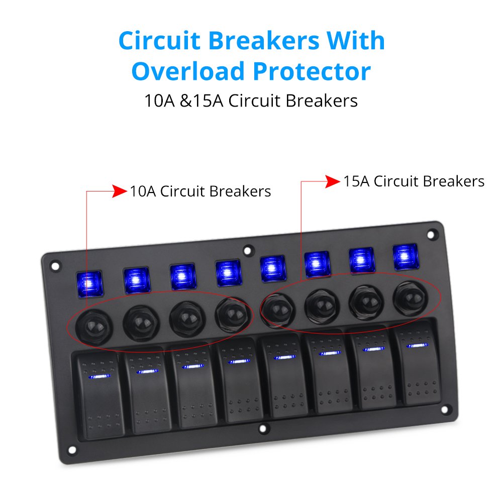 Blue 8 Gang Waterproof Toggle Rocker Switch Panel 12V/24V LED Circuit Breaker Pack of 2 U81243