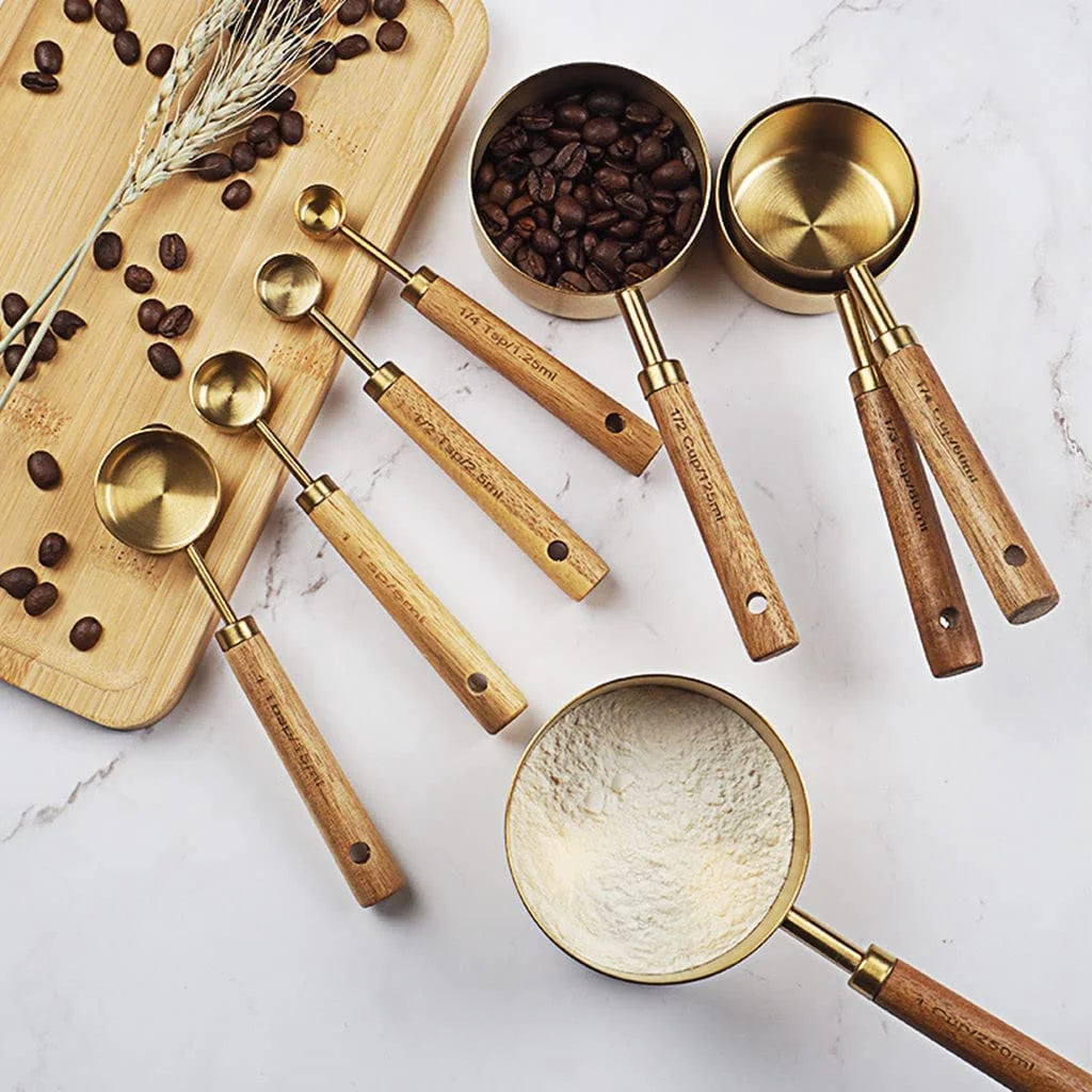 Gold Stainless Steel Measuring Cups and Spoons Set with Wooden Handle R65653