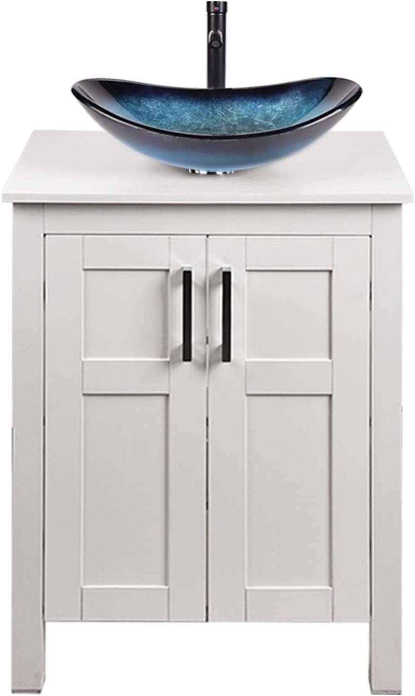 White 24 Inches Bathroom Vanity with 2 Doors Tempered Glass Sink Top Z790