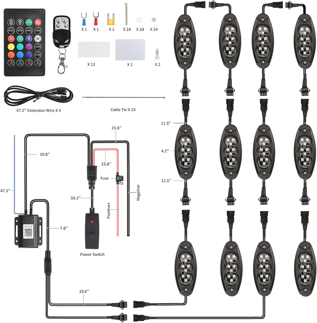 12 Pods LED Rock Lights Kit, APP/RF Control Multicolor Waterproof Exterior Rock Lights I193