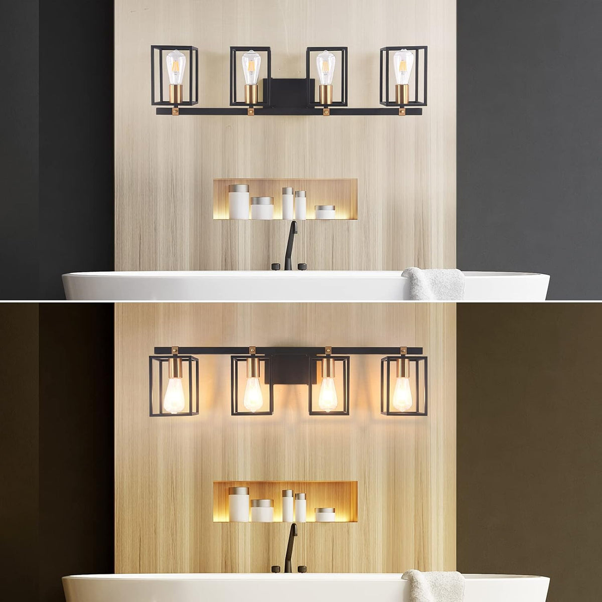 Black and Antique Brass Metal Cage Bathroom Vanity Light N382126