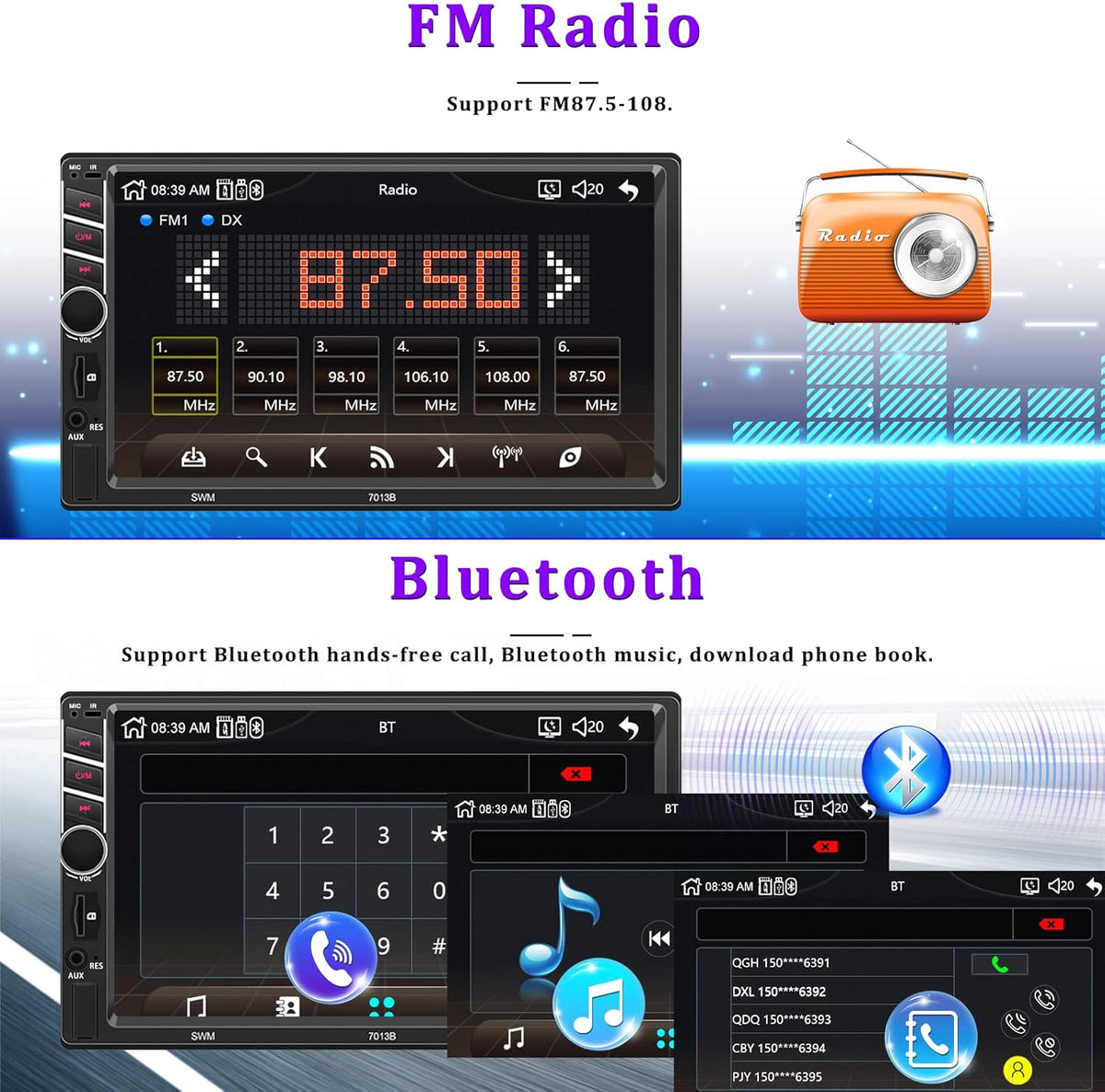Double Din 7 inch Car Stereo with CarPlay Android Auto HD Touch Screen Multimedia Head Unit MP5 Player FM Receiver Bluetooth Mirror Link SWC AUX/USB/TF Card Backup Camera A536023