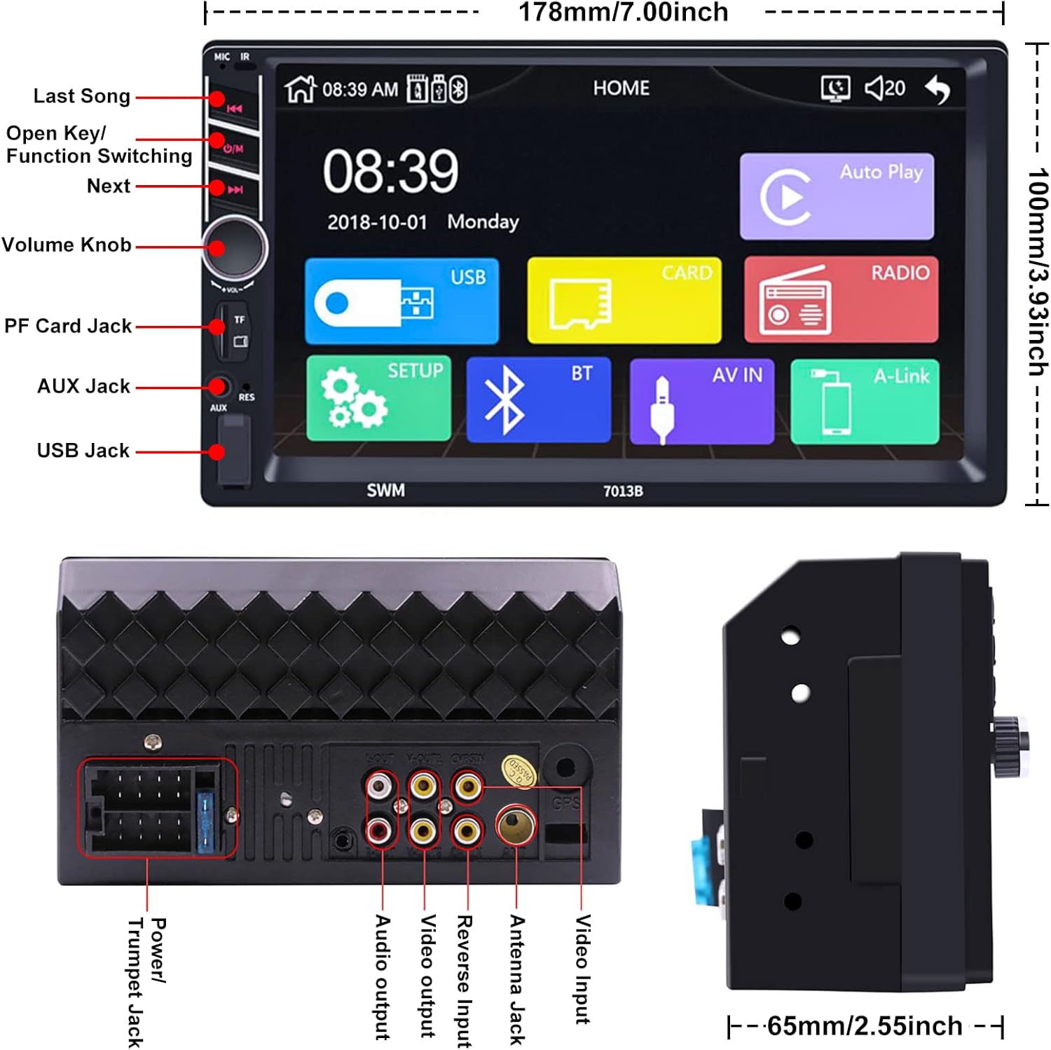 Double Din 7 inch Car Stereo with CarPlay Android Auto HD Touch Screen Multimedia Head Unit MP5 Player FM Receiver Bluetooth Mirror Link SWC AUX/USB/TF Card Backup Camera A536023