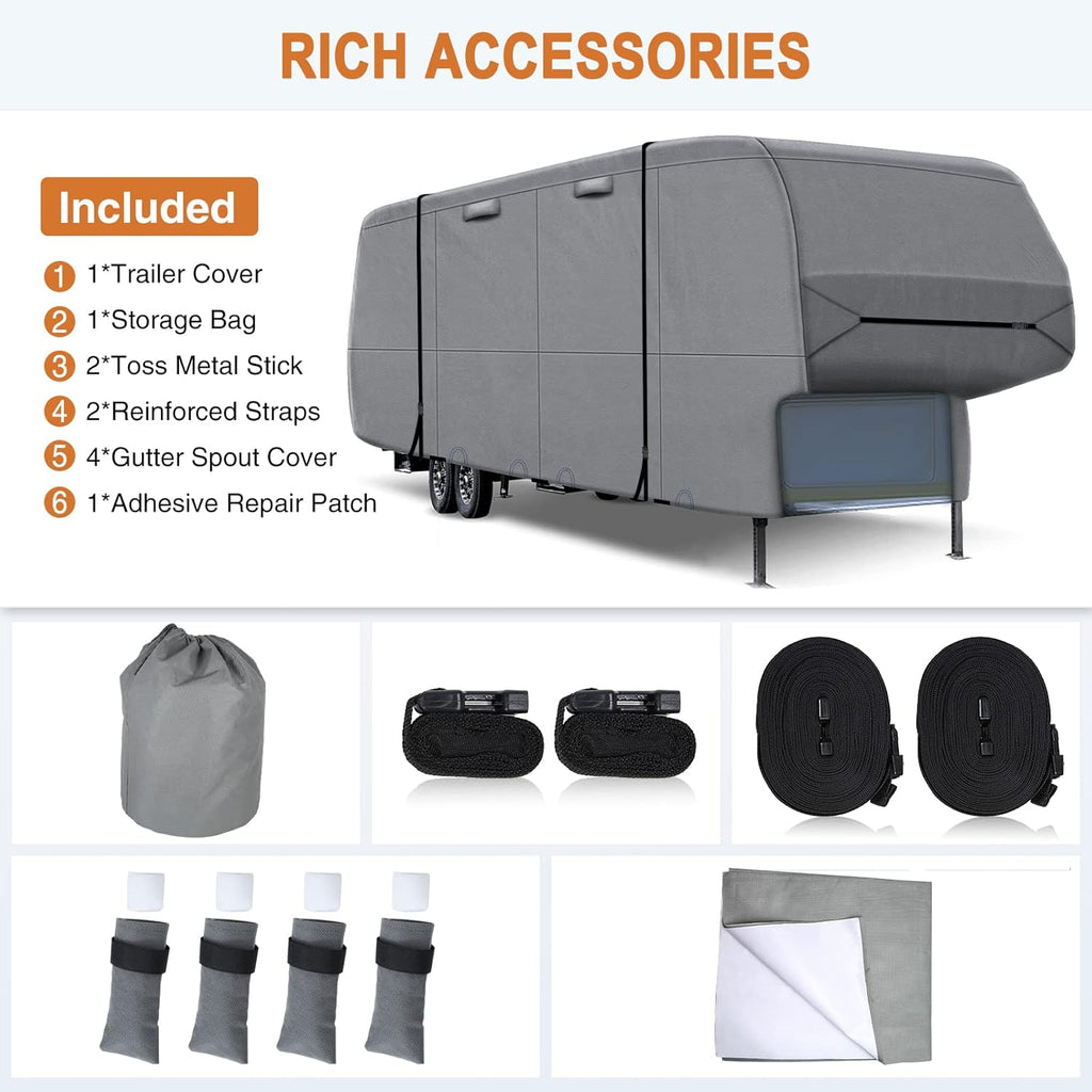 Heavy Duty 6 Layers 5th Wheel RV Cover Anti-UV Breathable Rip-Stop with 2Pcs Extra Straps & Gutter Spout Covers L8003