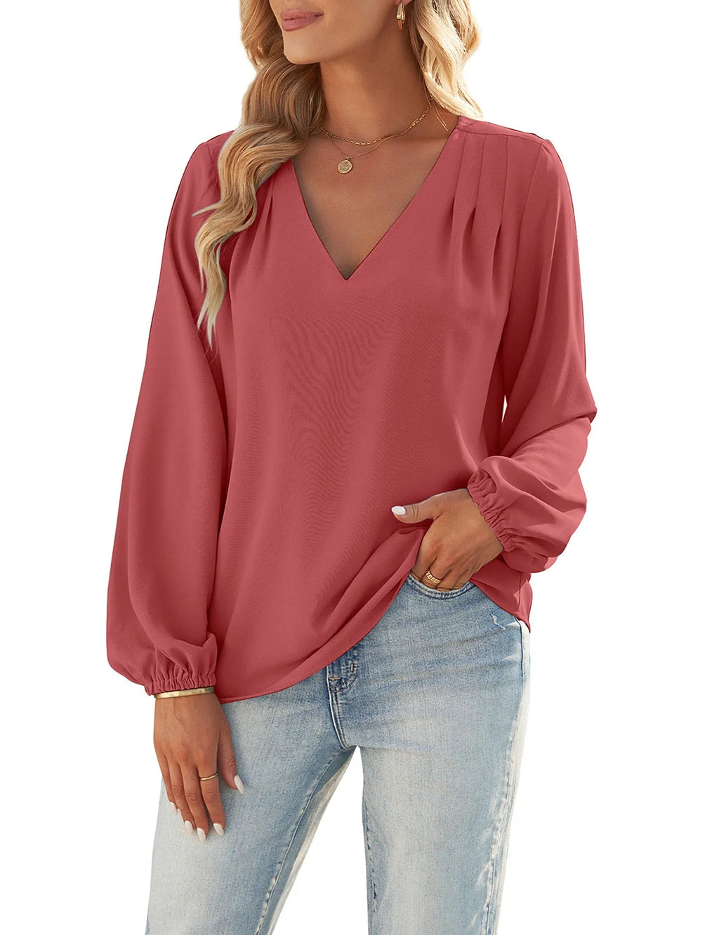 Cranberry Long Balloon Sleeve V Neck Blouses O72035