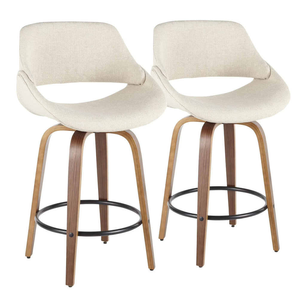 Mid-Century Modern Counter Stool in Walnut and Cream Fabric, Set of 2 R979041