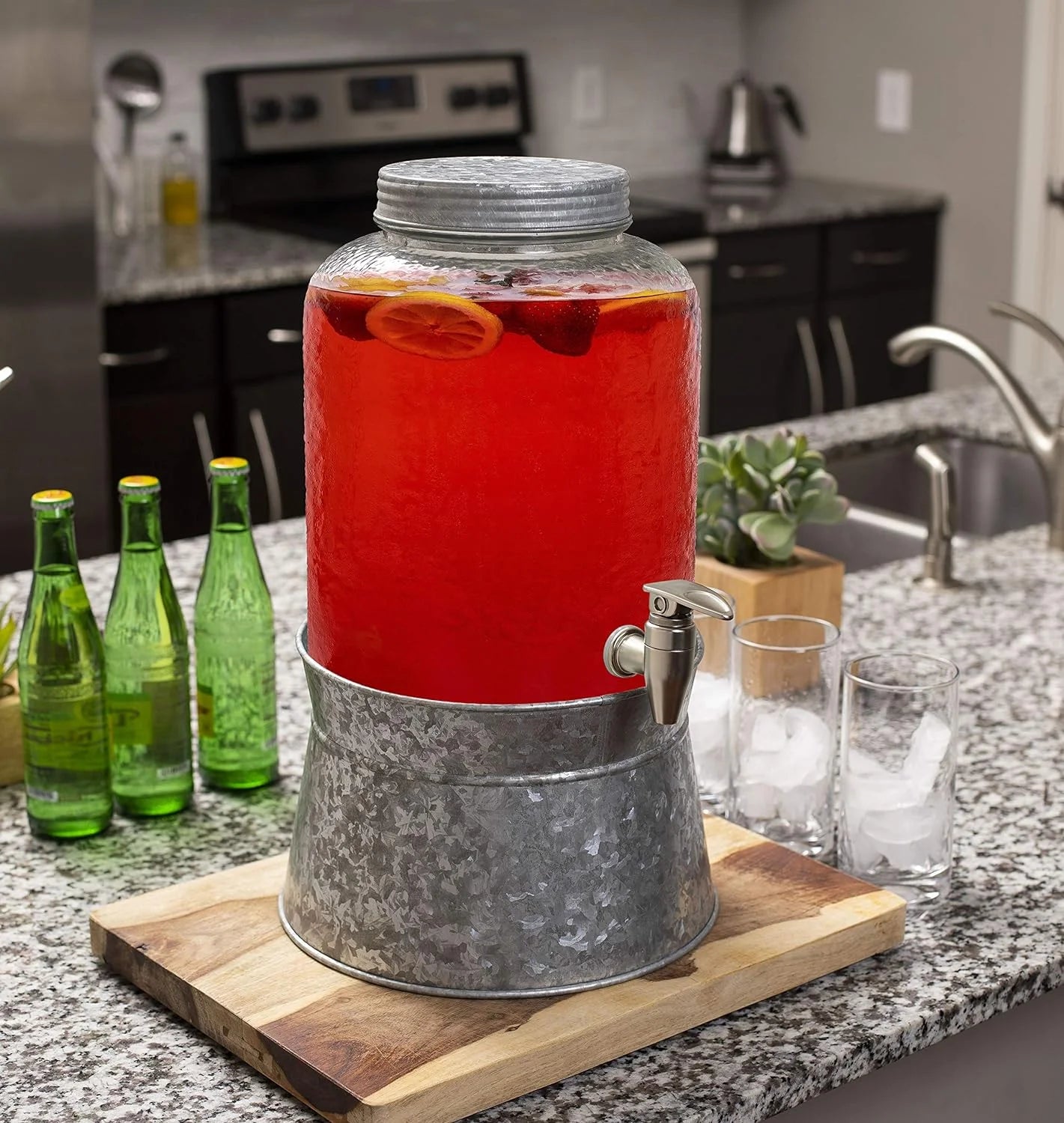 Pebbled Glass Beverage Dispenser With Galvanized Stand H7598