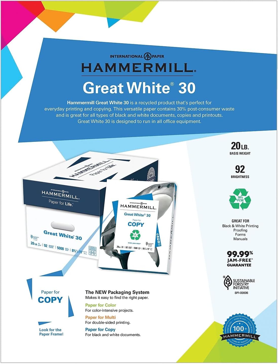 100 Recycled Copy Paper, 20Lb, 8-1/2 X 11, White, 5,000 Sheet W831