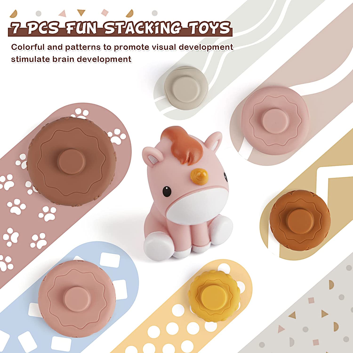 7 Pcs Stacking Baby Toys with Pink Horse Figure Q2472