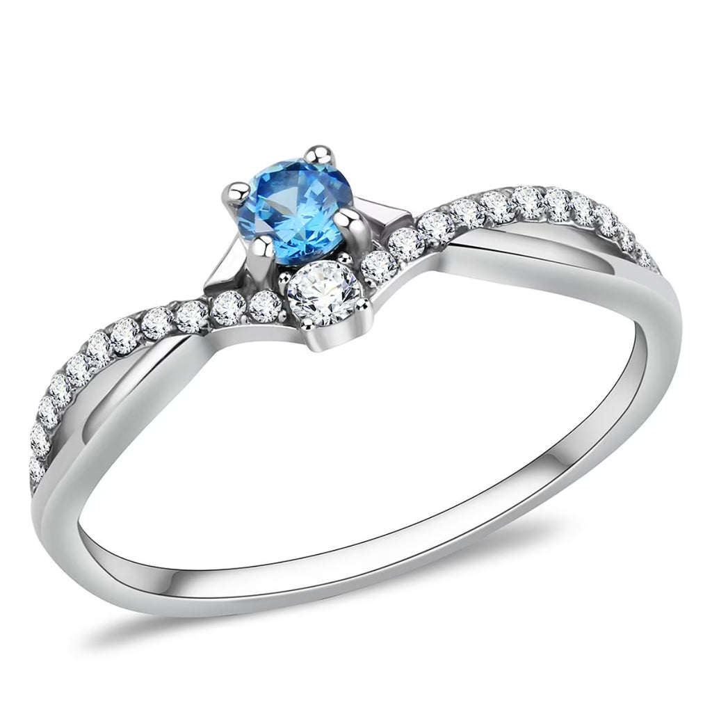 Stainless Steel Pave Engagement Ring with Sea Blue - Size 5 N189