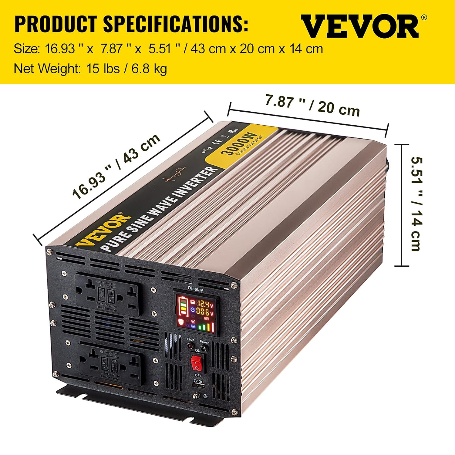 3000 Watt Pure Sine Wave Power Inverter, DC 12V to AC 110V, with LCD Display, 5V USB Port, AC Outlets (GFCI) T95654