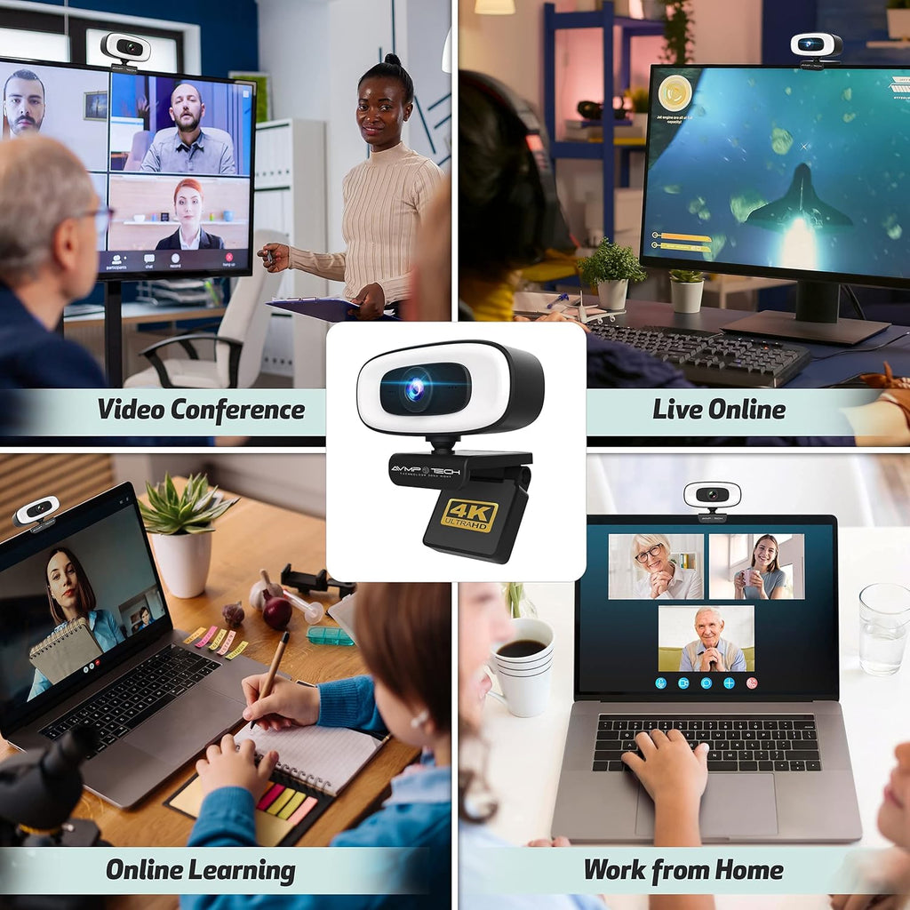 4K Webcam with Light Ultra HD 8MP Autofocus USB Web Cam with Microphone for Desktop Computer PC Streaming Camera + Tripod + USBC + Privacy Cover Pack of 2 Y329840