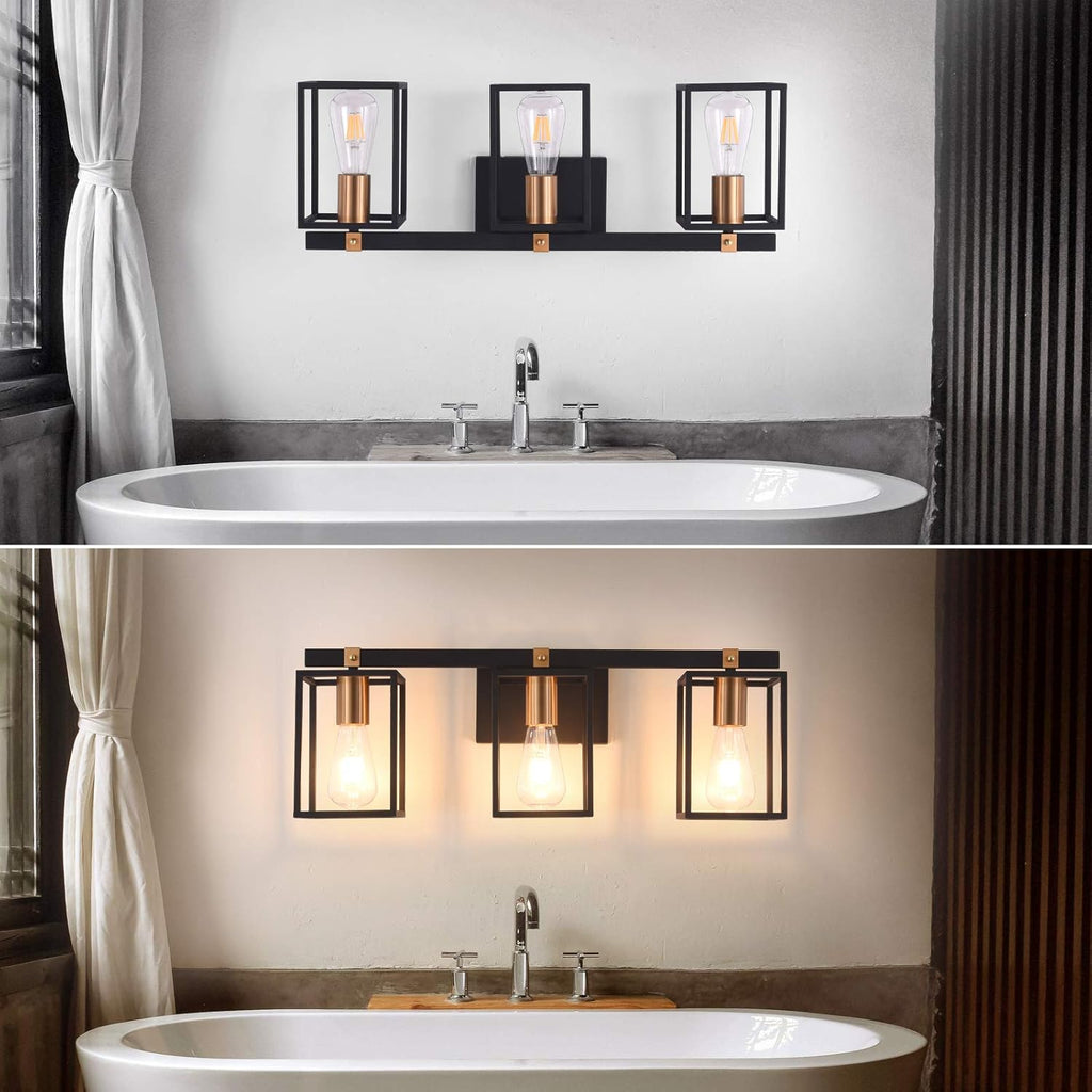 Black and Antique Brass Metal Cage Bathroom Vanity Light N382126
