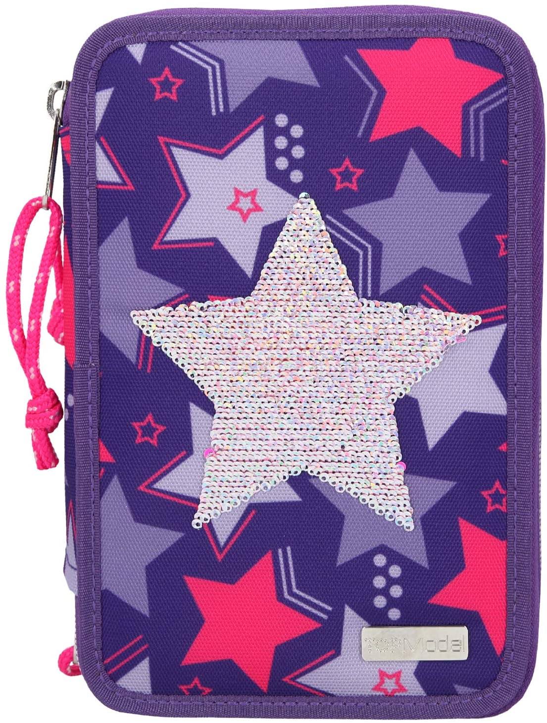 Purple Pencil Case with 3 Zips and Pens L8739