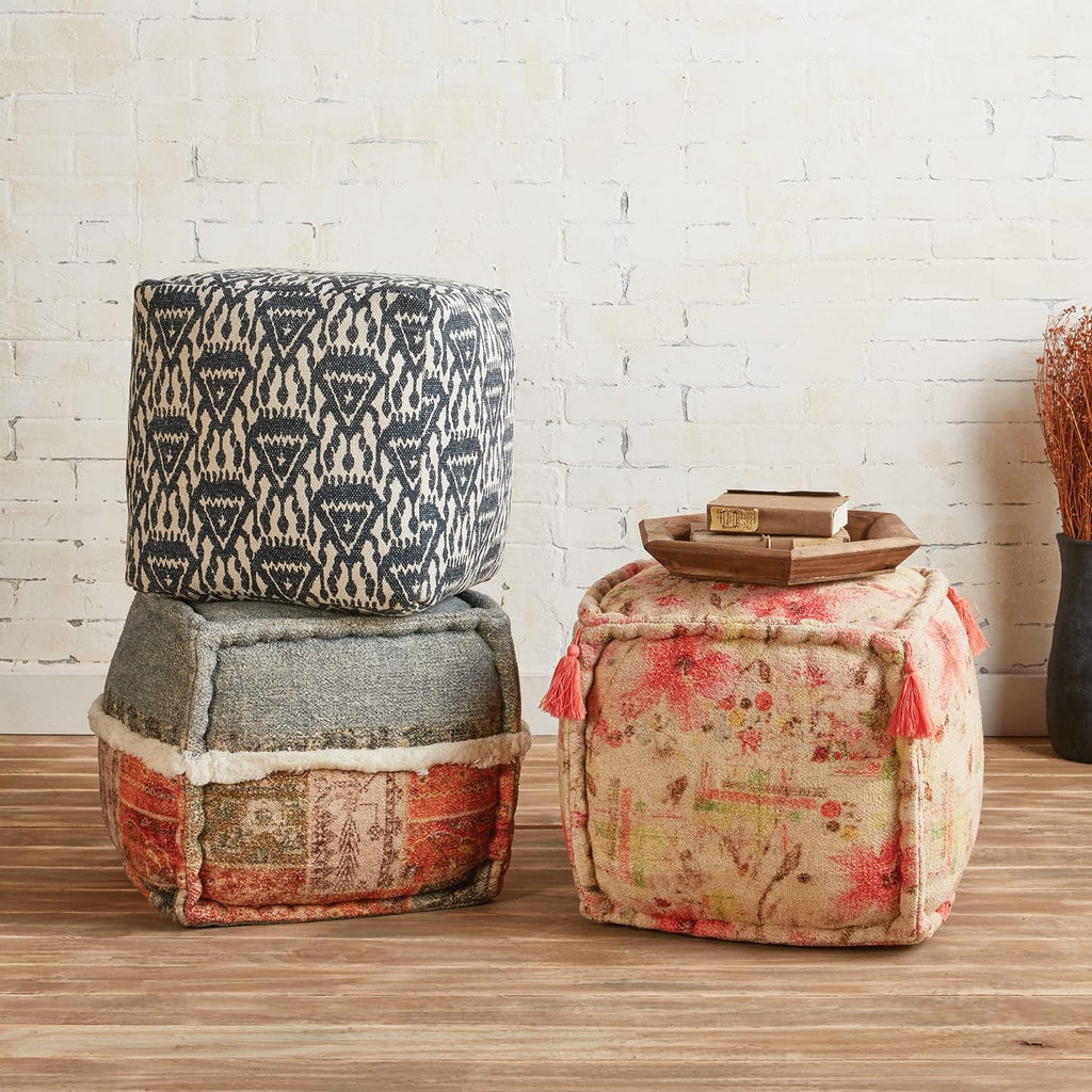 Floral Print Fabric Foot Stool Ottoman Pouf, 16" x 16" U6812