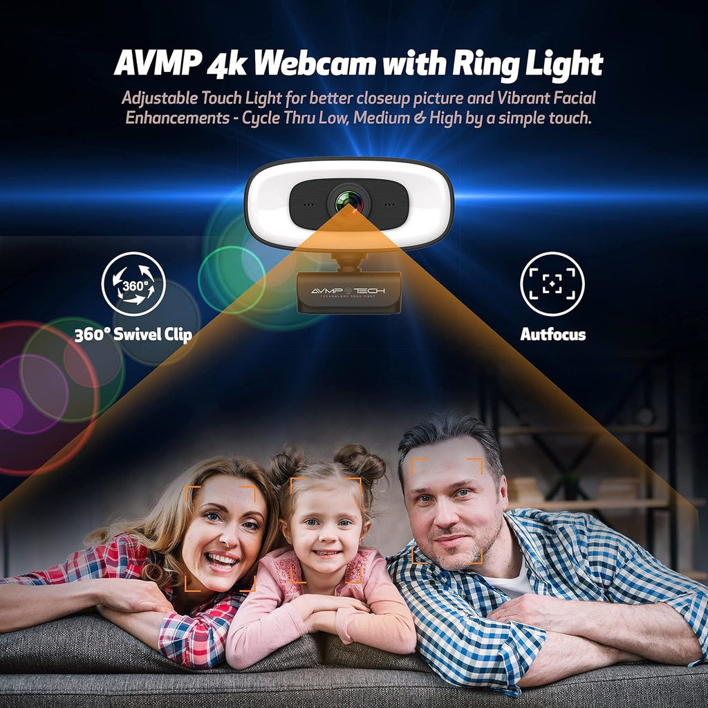 4K Webcam with Light Ultra HD 8MP Autofocus USB Web Cam with Microphone for Desktop Computer PC Streaming Camera + Tripod + USBC + Privacy Cover Pack of 2 Y329840