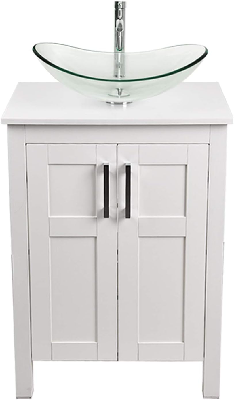 White 24 Inches Bathroom Vanity with 2 Doors Tempered Glass Sink Top Z790
