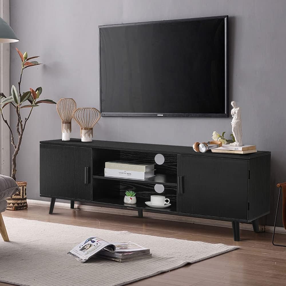 Rustic Brown Mid-Century Modern TV Stand with 2 Storage Cabinet W439