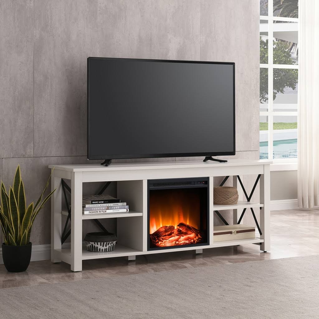 White TV Stand with Log Fireplace Insert L711375