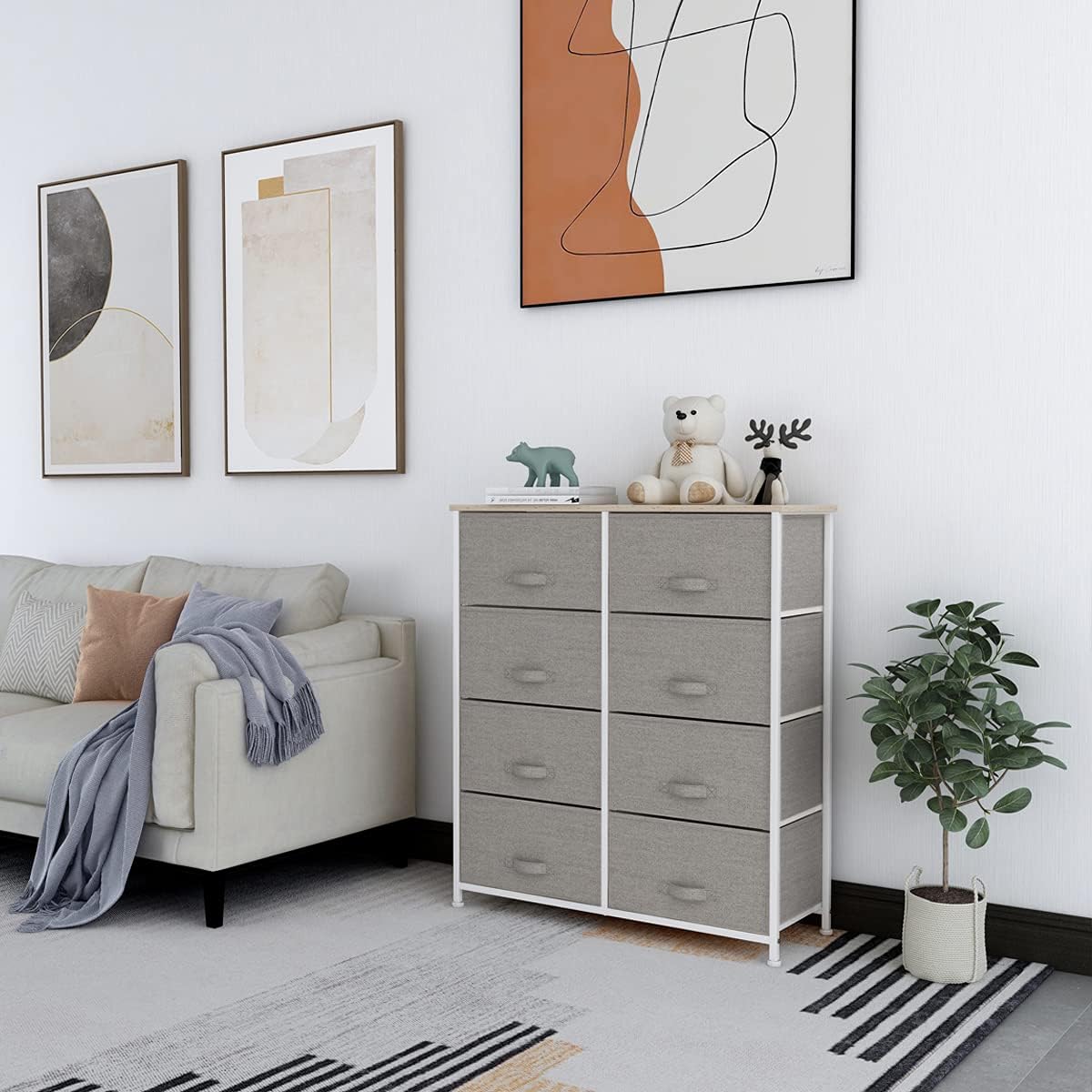 Light grey 8 Drawer Fabric Dresser with Steel Frame and Wooden Top A974234