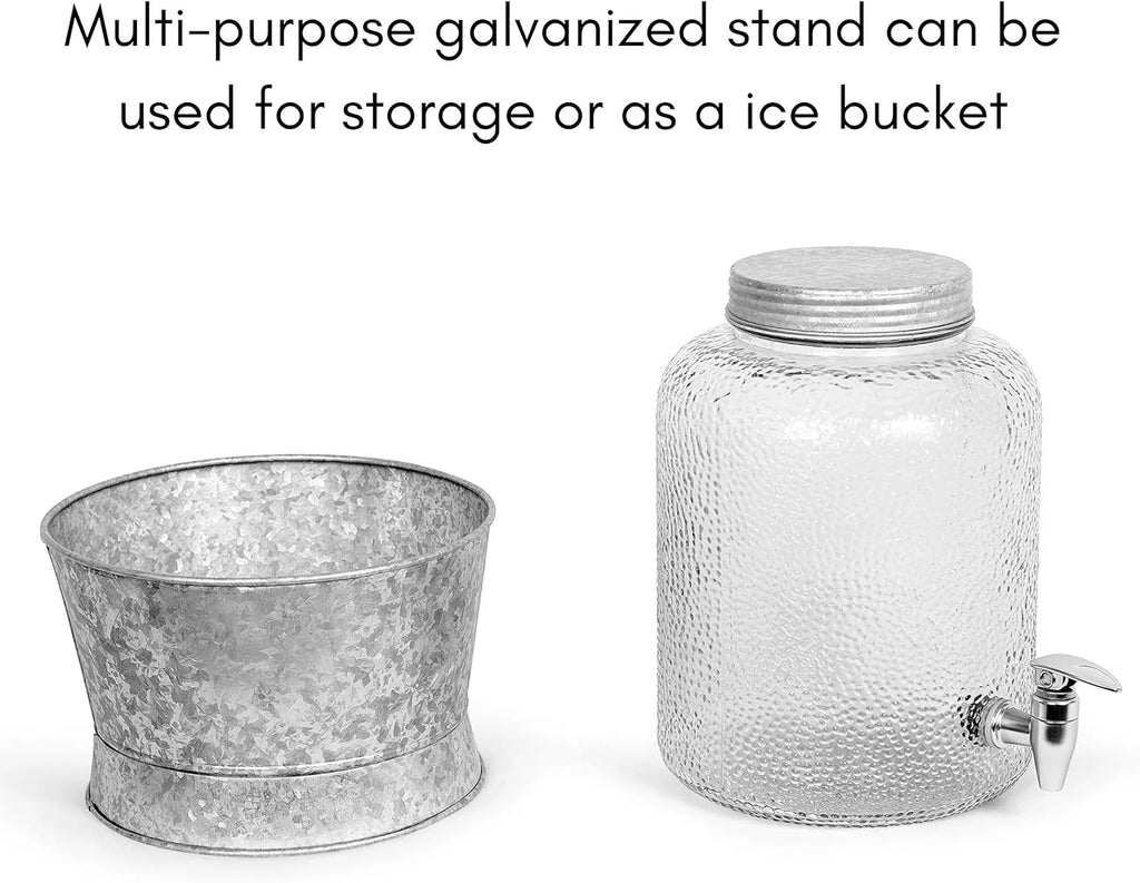 Pebbled Glass Beverage Dispenser With Galvanized Stand H7598