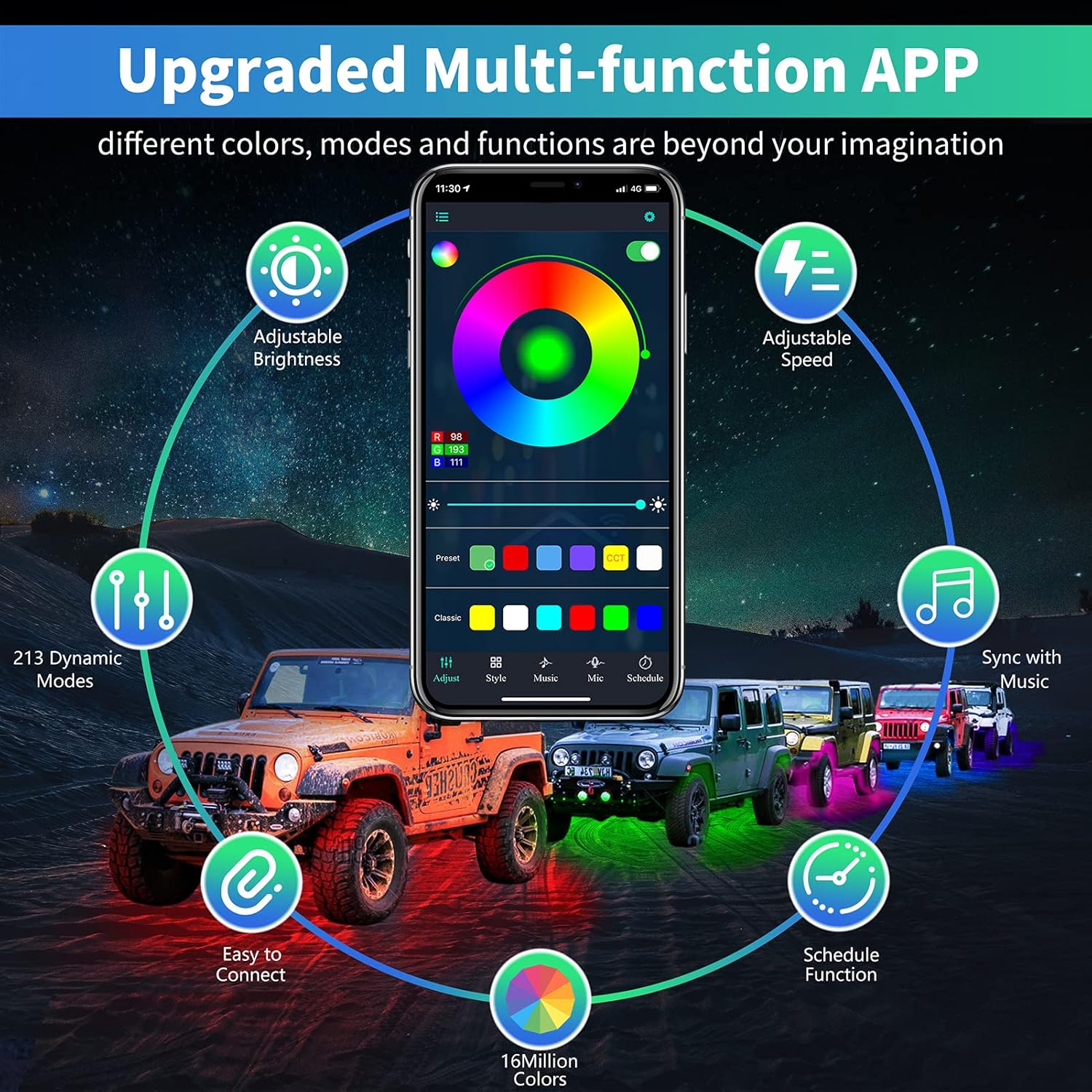 12 Pods LED Rock Lights Kit, APP/RF Control Multicolor Waterproof Exterior Rock Lights I193