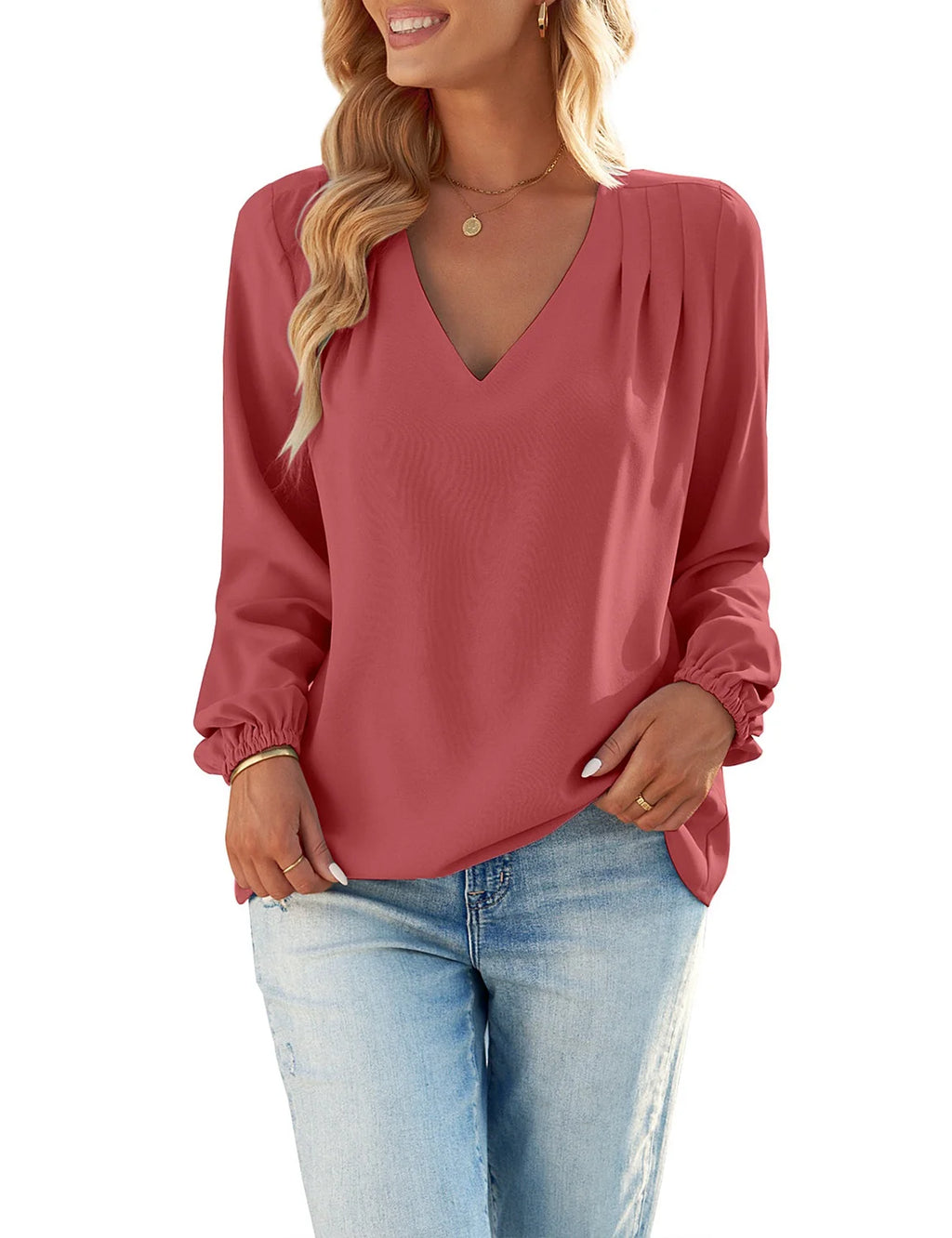 Cranberry Long Balloon Sleeve V Neck Blouses O72035
