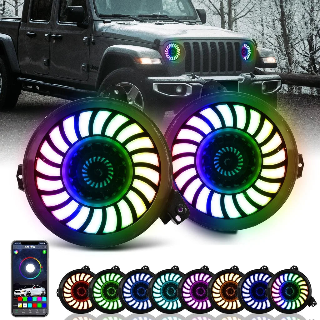 RGB 9" 3D LED Lens Halo Headlights & 4" Fog Lights Combo Kits B5741