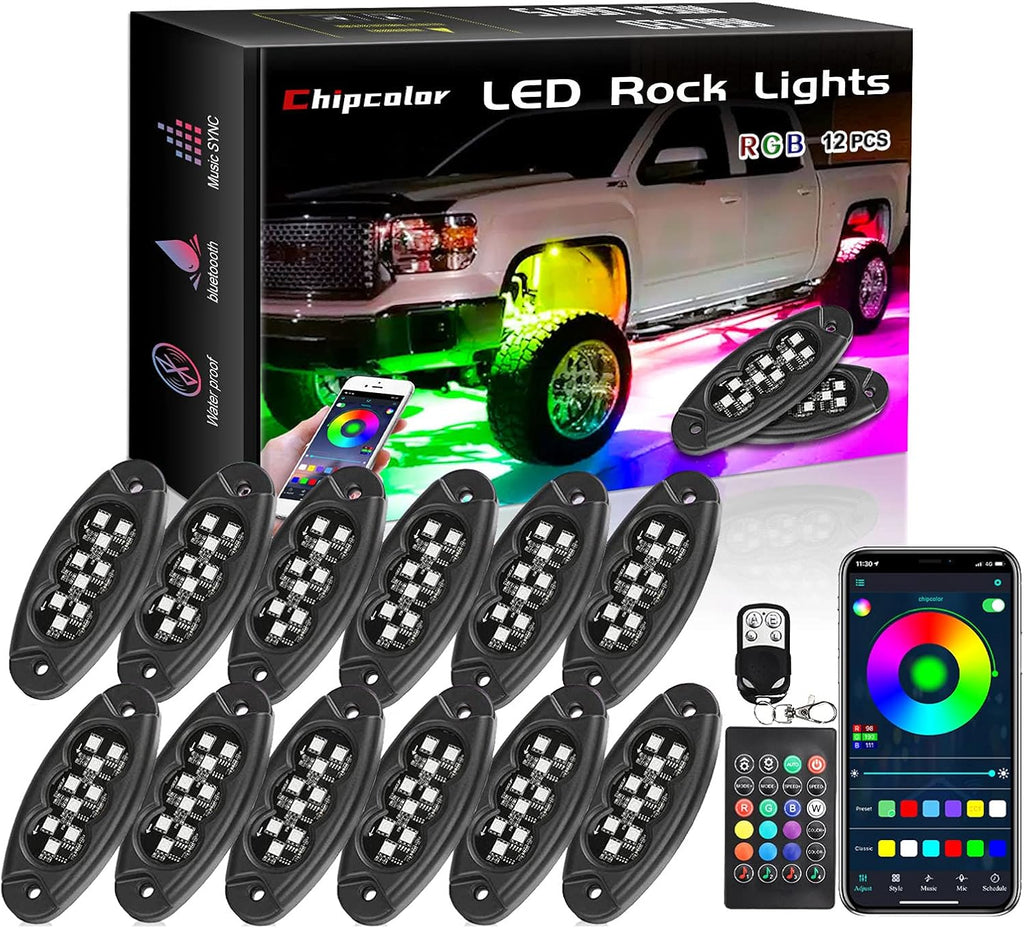 12 Pods LED Rock Lights Kit, APP/RF Control Multicolor Waterproof Exterior Rock Lights I193