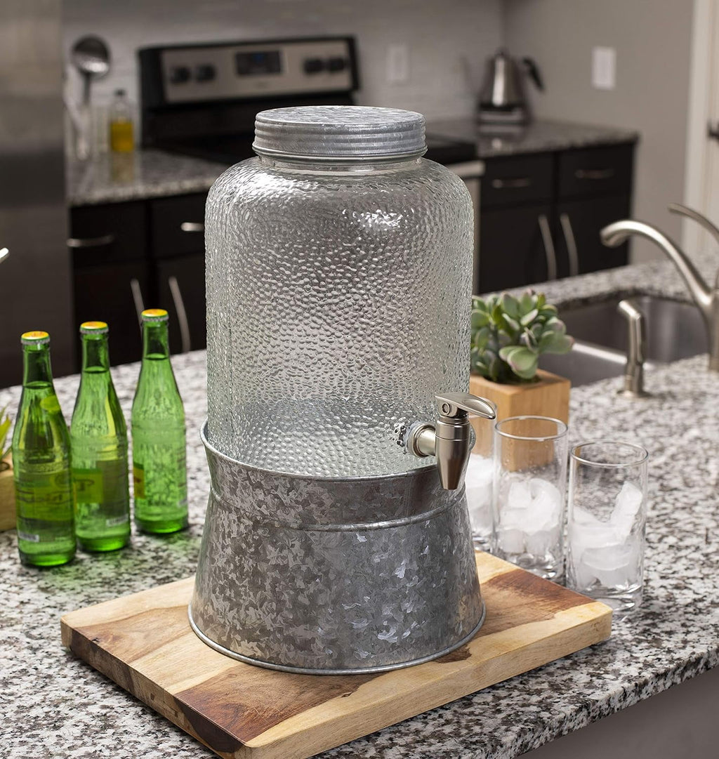 Pebbled Glass Beverage Dispenser With Galvanized Stand H7598