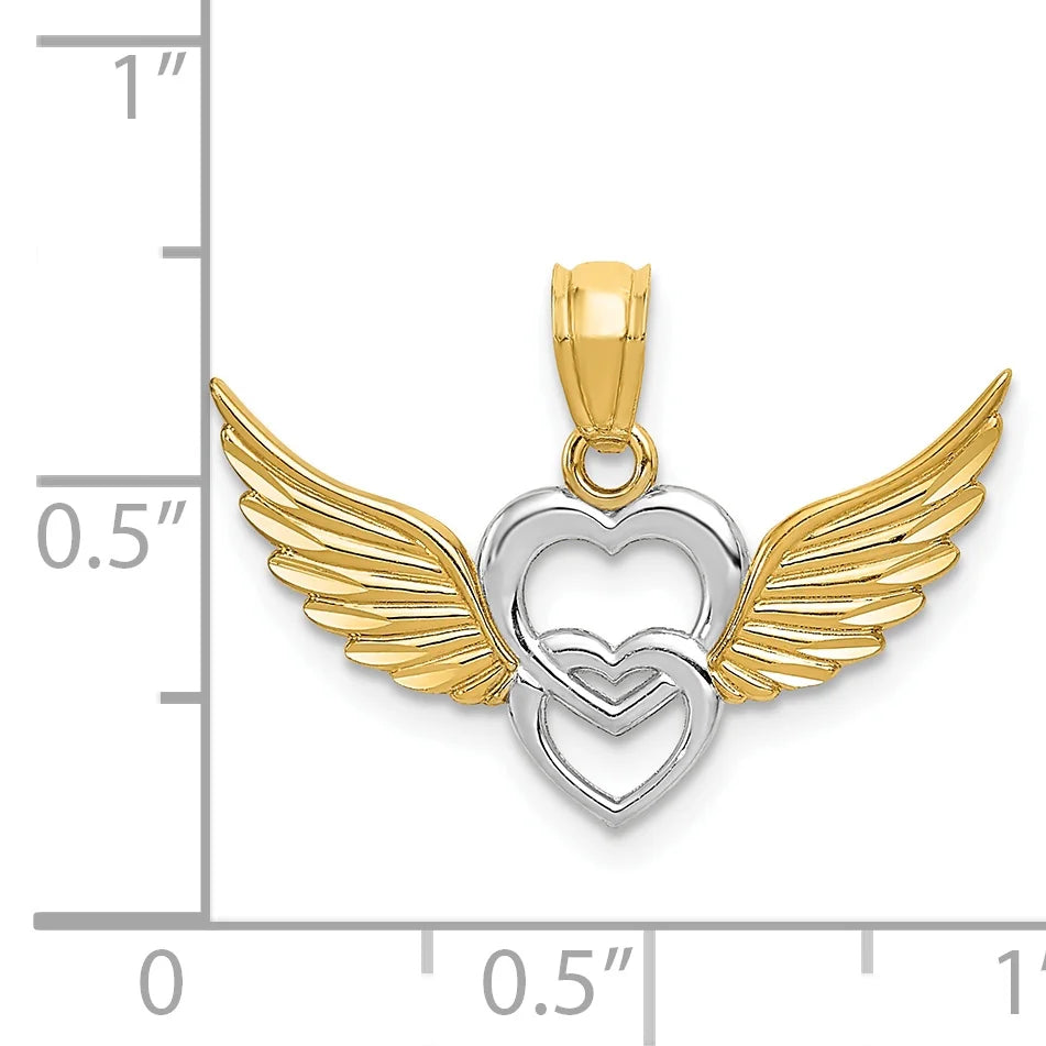 14K Two-Tone Gold Rhodium Plating Heart With Wings Pendant on 16 Inch 14K Gold Rope Chain Necklace A28751