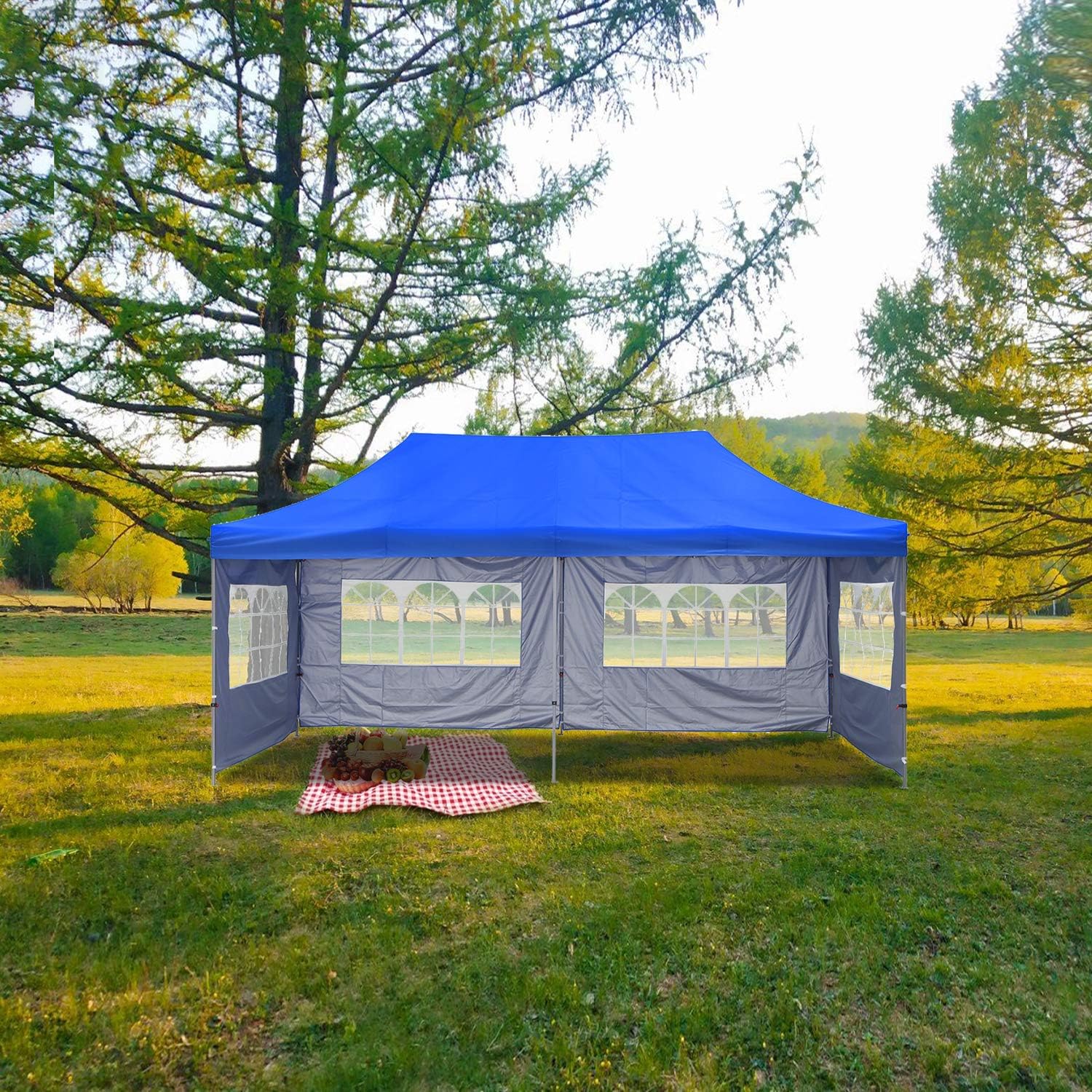 Blue 10'x20' Pop Up Canopy Tent with 6 Sidewalls and Wheeled Carry Bag S755