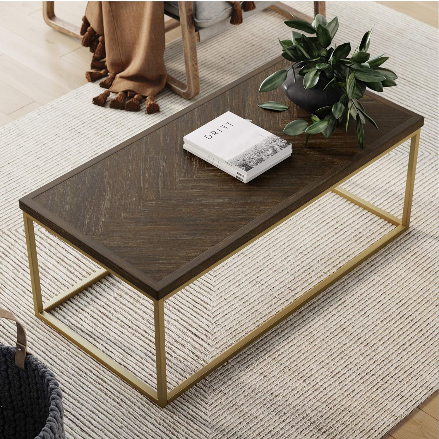Walnut Acacia Veneer and Metal Rectangle Coffee Table E57688