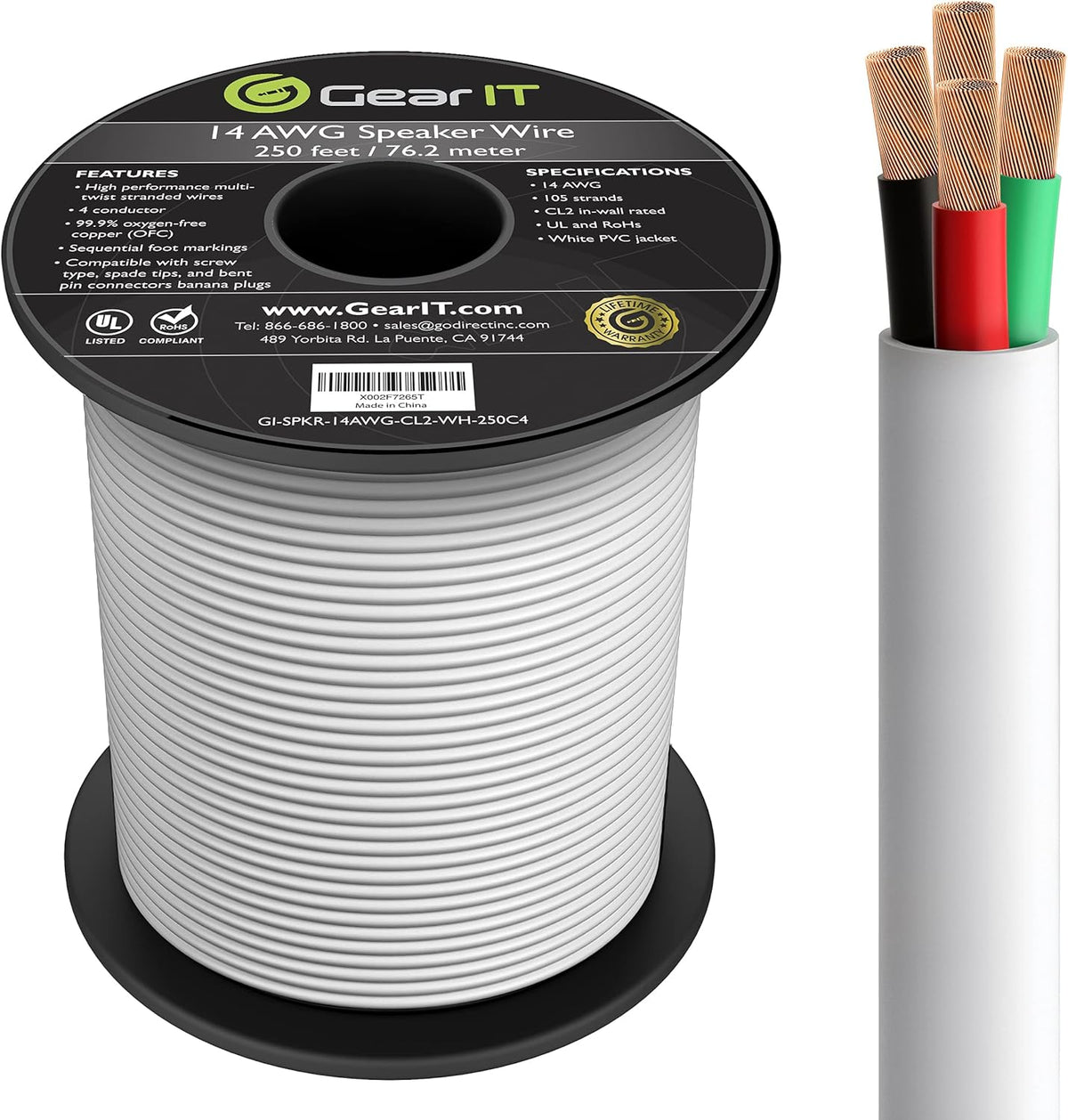 14/4 Speaker Wire 250 Feet 14AWG CL2 Rated 4 Conductors OFC Oxygen-Free Copper White R18571
