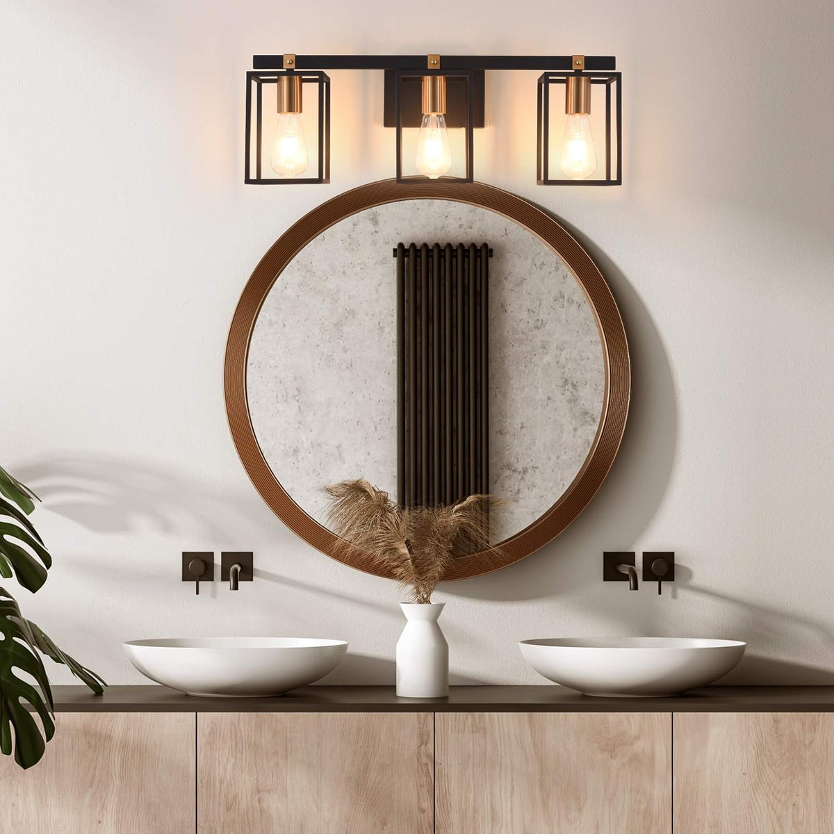 Black and Antique Brass Metal Cage Bathroom Vanity Light N382126