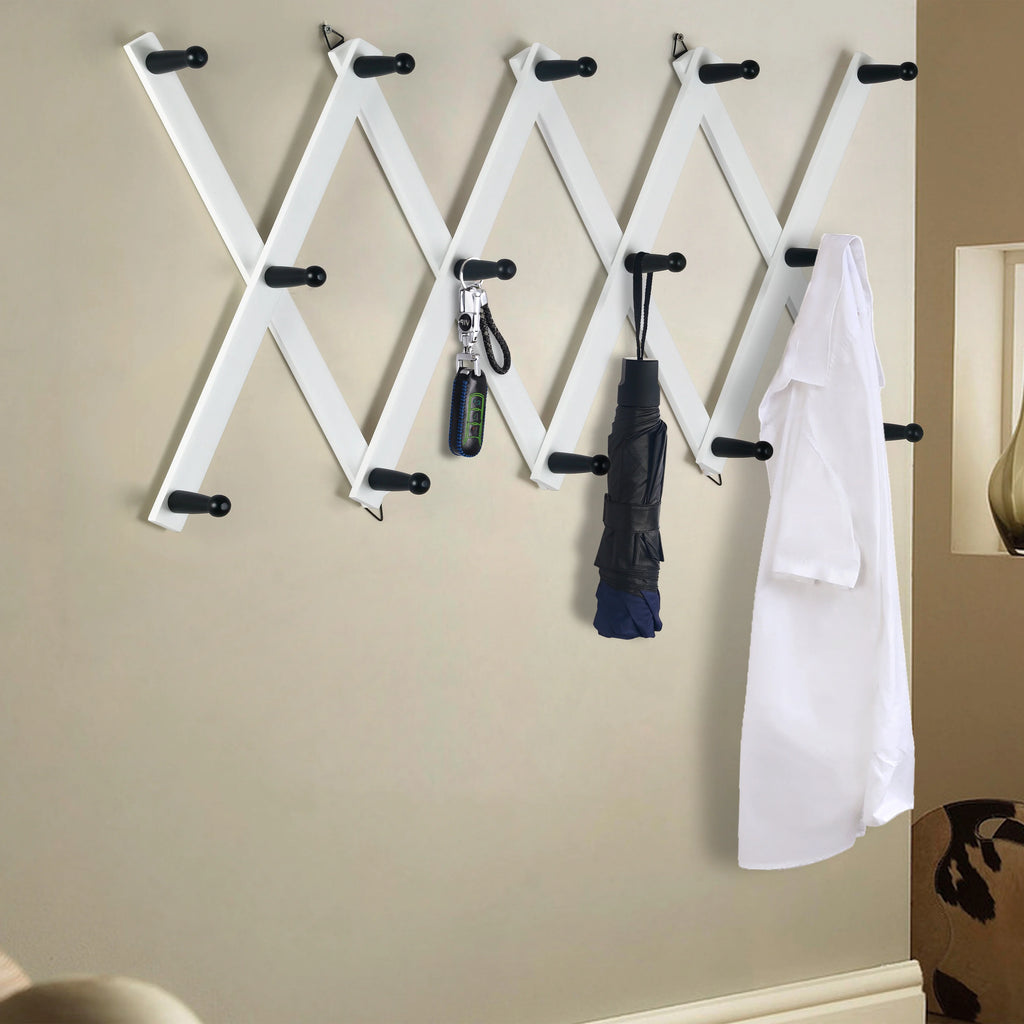 White 14 Pegs Wooden Expandable Coat Rack L448
