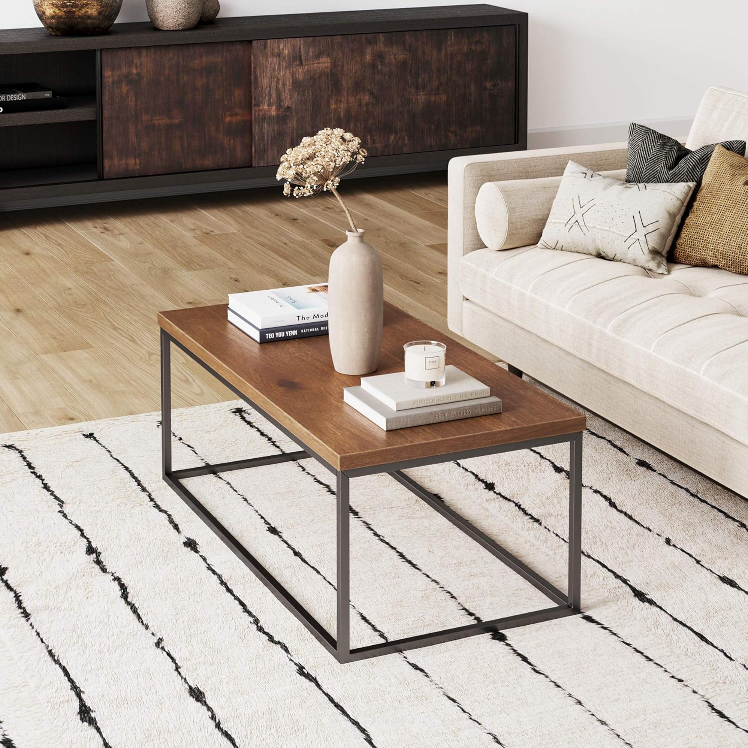 Walnut Acacia Veneer and Metal Rectangle Coffee Table E57688