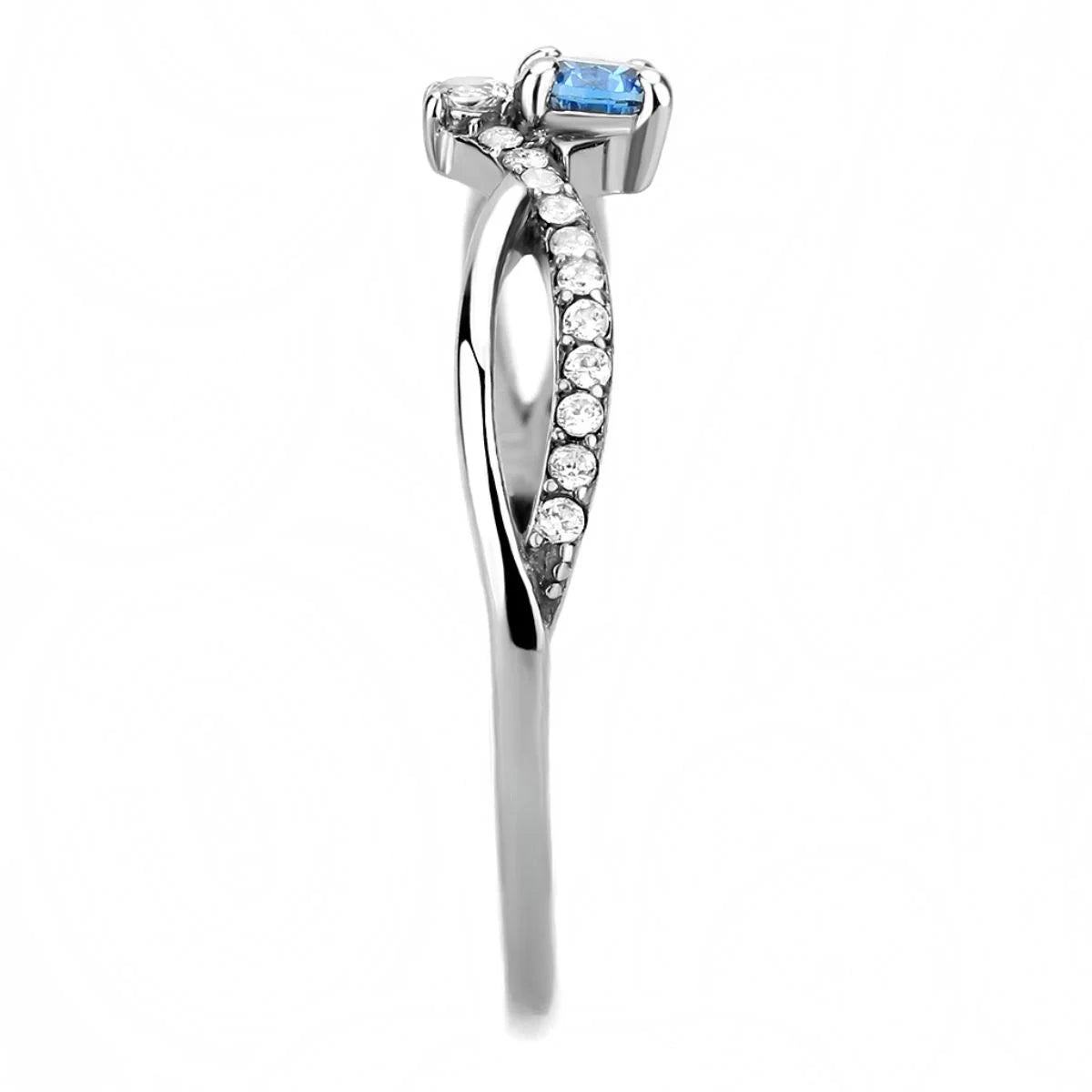 Stainless Steel Pave Engagement Ring with Sea Blue - Size 5 N189