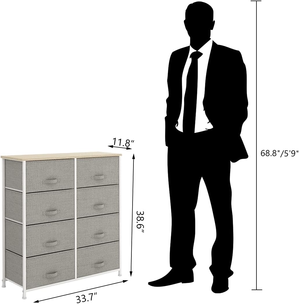 Light grey 8 Drawer Fabric Dresser with Steel Frame and Wooden Top A974234