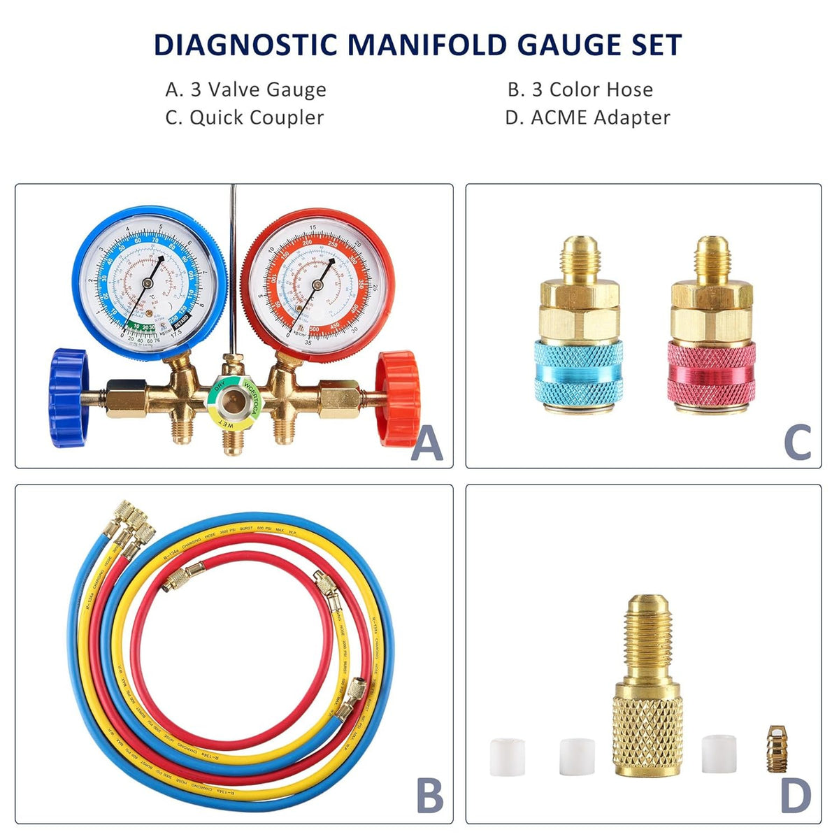 AC Diagnostic Manifold Freon Gauge Set with Couplers, Adapter for R134A R12 R22 R502 R493045