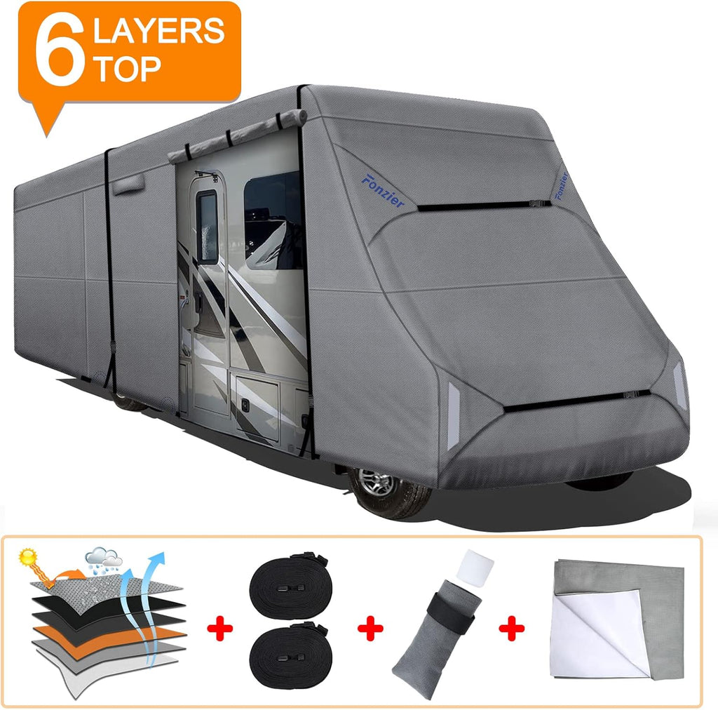 Heavy Duty 6 Layers RV Cover Anti-UV Camper Cover for 23’-26’ Motorhome Breathable Rip-Stop with 2Pcs Extra Straps & Gutter Spout Covers K5550